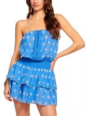 295$ Ramy Brook Rita Strapless Cotton Eyelet Mini Party Dress Size S Serene Blue
